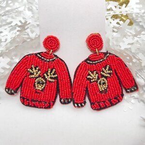Handmade Beaded Earring, Sweater Red